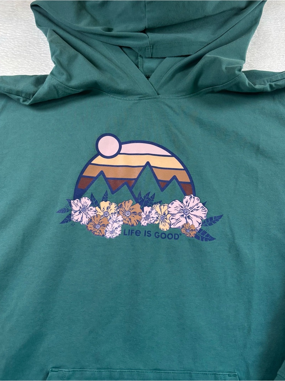 Life Is Good Forest Green Hoodie with Sunset Mountain Graphic - Picture 4 of 6